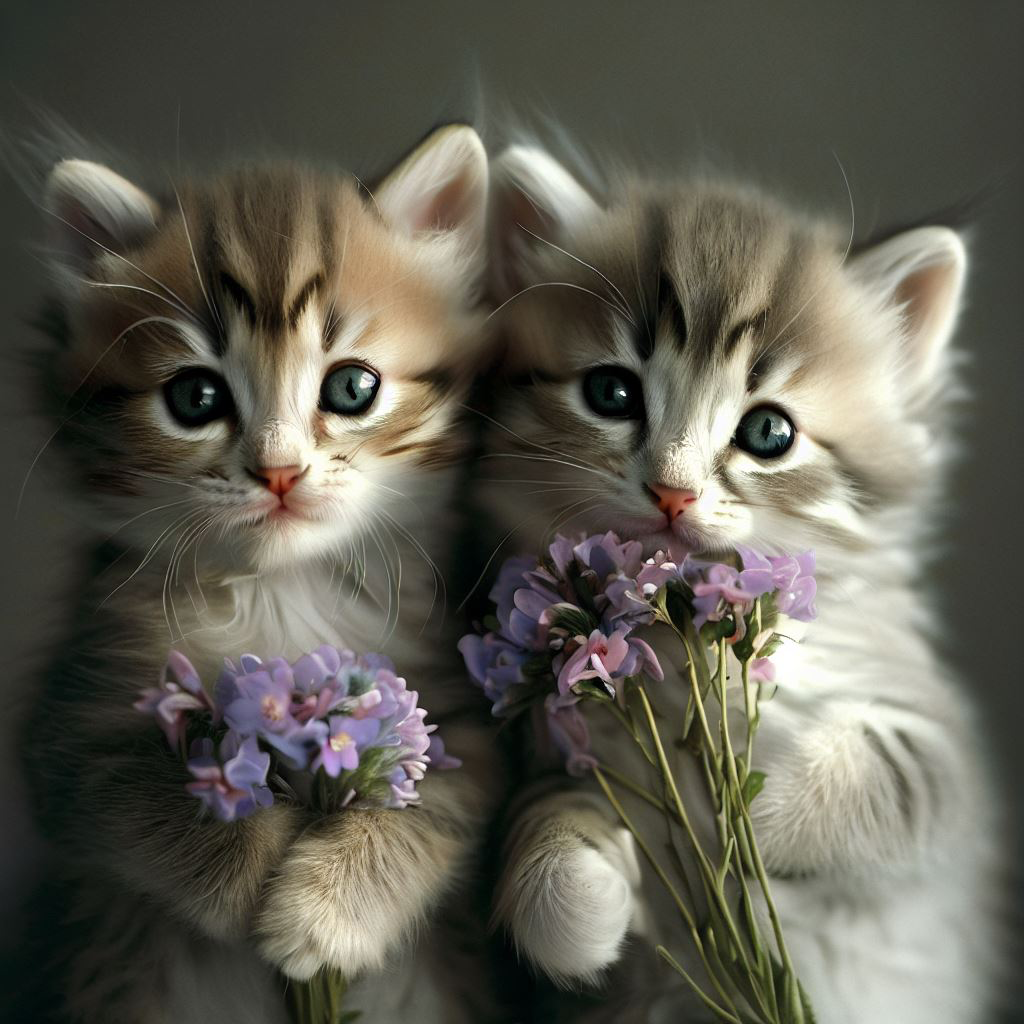 Two AI generated kittens holding flowers demonstrates that everyone (even computers) likes kitties