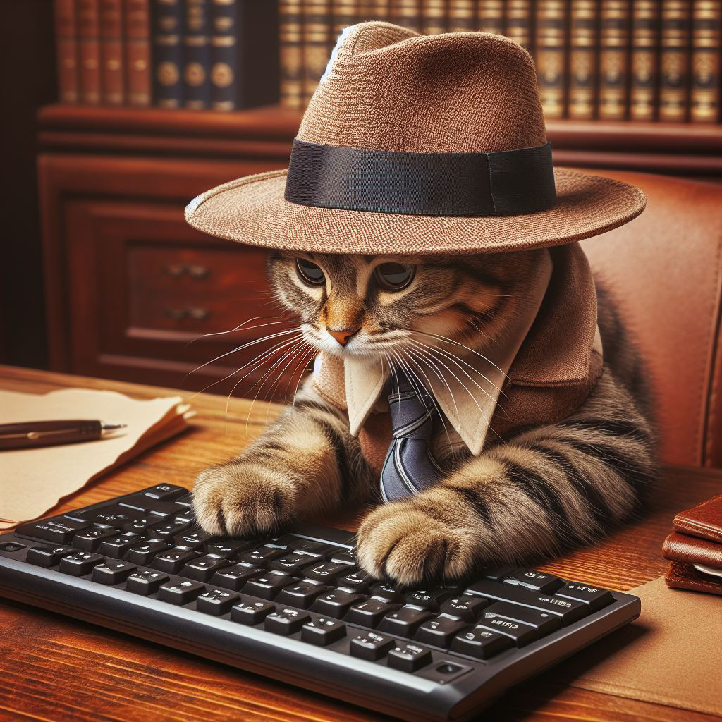 Cat with a hat typing a message