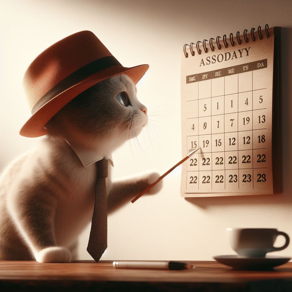 Cat in hat checking calendar