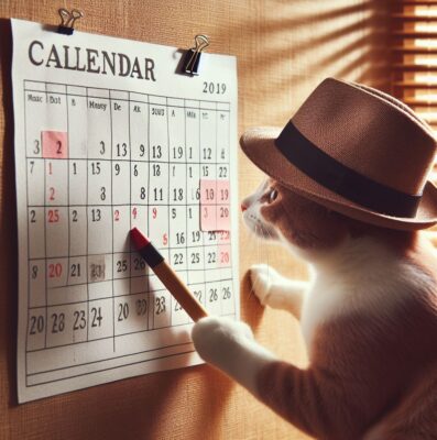 Cat in hat checking calendar